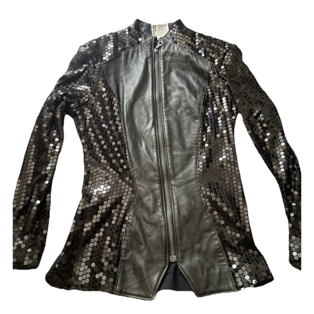 Vintage Firenze Santa Barbara Black Leather Jacket Sz Small MultiColor Moto